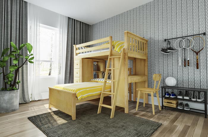 natural wood color loft bed with bed below