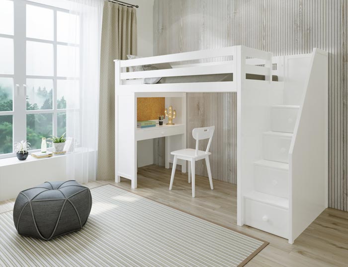 white loft study bed with corkboard
